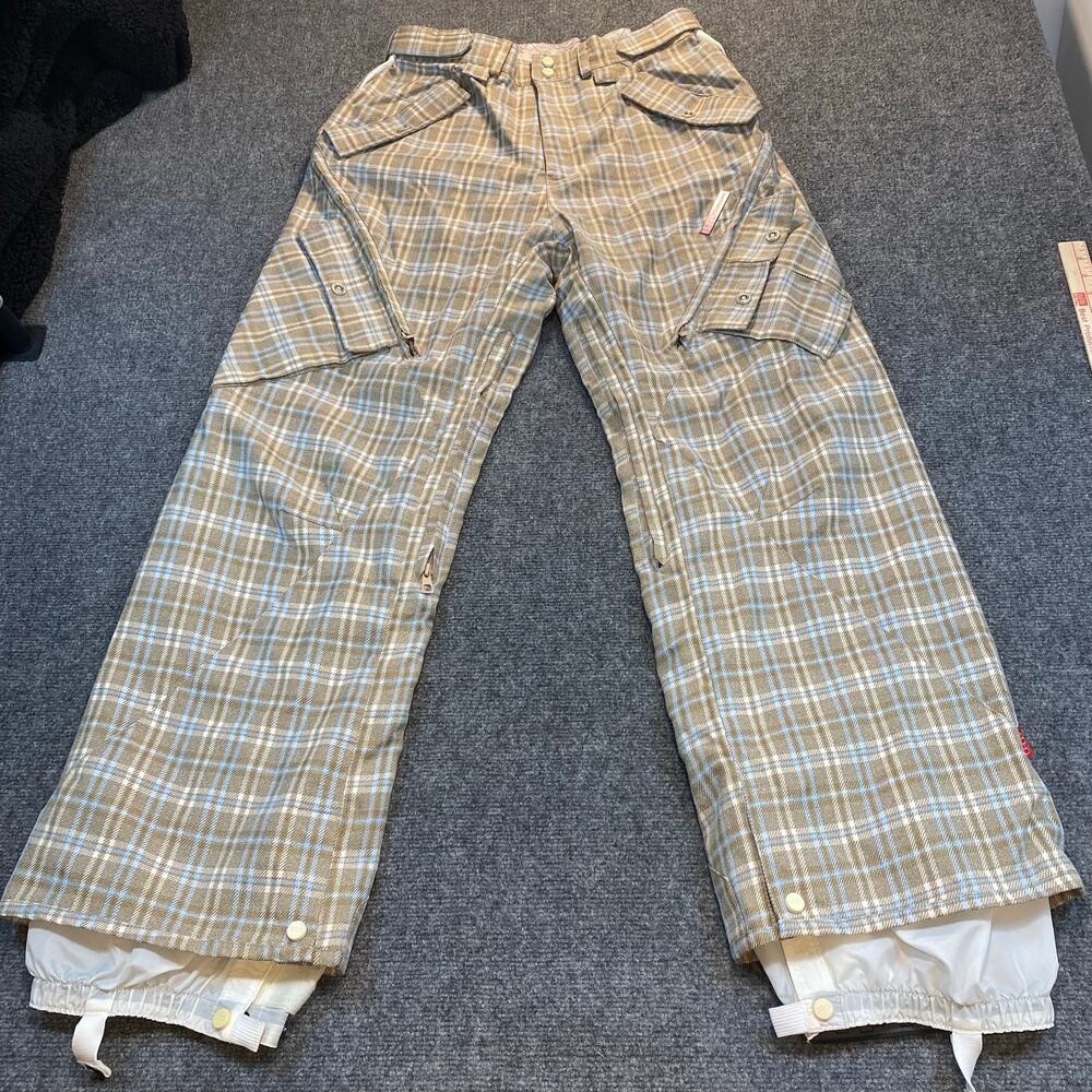 Foursquare Outerwear Men Medium Tan Blue Plaid Snow Pants 15K Shell Limited Ed